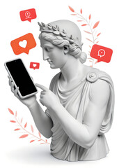 A classical-style marble statue holds a smartphone surrounded by social media icons