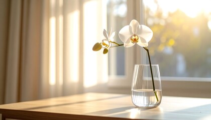 White Orchid In Vase, Sunlight Through Window