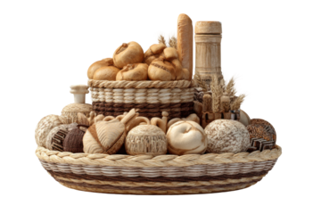 Artisan bread basket display bakery food photography bright setting. Isolated on transparent background, png.