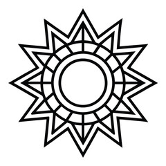 Black symmetrical star burst design with circular center on transparent background shines brilliantly