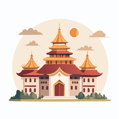 Stylized Asian Temple with Pagoda Roofs and Landscape Elements