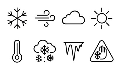 Winter Weather Icons. Outline icon set of Winter weather conditions: snowflake, wind, cloud, sun, temperature