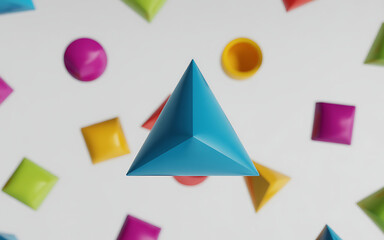 Vibrant geometric shapes floating against a white background