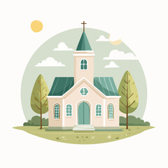 Naklejka premium Cartoon church with teal roof and cross, surrounded by trees and a sunny sky