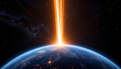 Obraz premium a cinematic view from outer space showing planet earth at the bottom of the frame, earth's curved surface with visible continents and glowing blue atmosphere