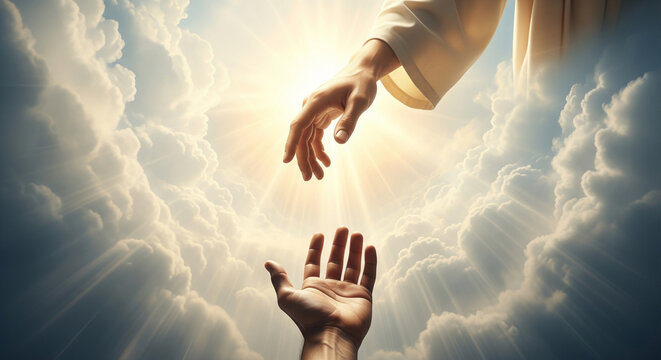 Close-up of Jesus' hand reaching out from the sky, saving the hand of a man, against a background of bright light and clouds. The miracle of saving the life of Jesus Christ, the Son of God, salvation 