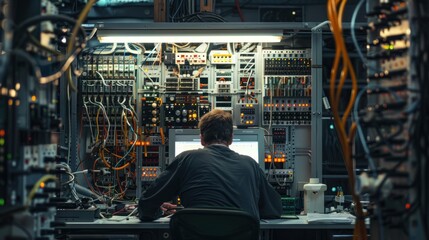Naklejka premium Technician working in server room