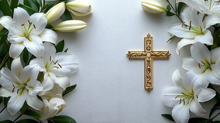 White and golden religious symbols with elegant white lilies