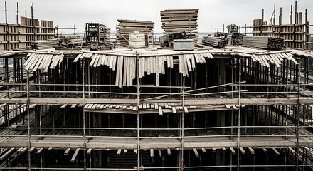 An intricate scaffolding structure dominates with organized wood stacks on overcast day outdoor