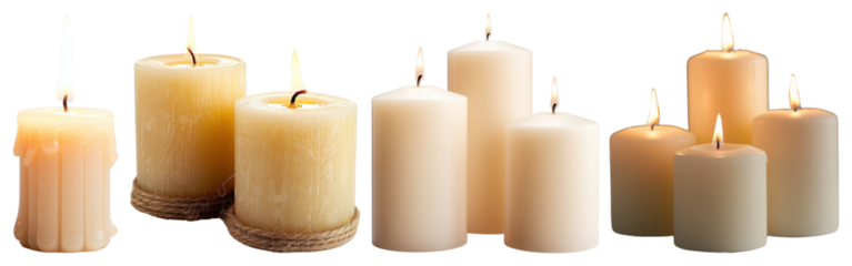 PNG Various lit candles in different shapes and sizes element set on transparent background.
