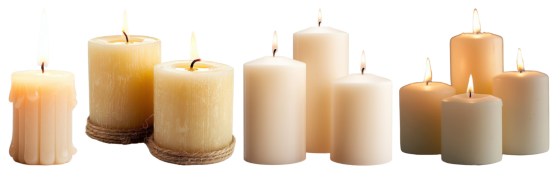 PNG Various lit candles in different shapes and sizes element set on transparent background.
