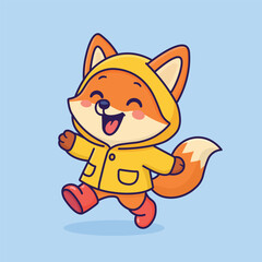 Happy cartoon fox in yellow raincoat and red boots running in the rain, smiling