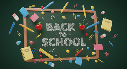 Back to School chalkboard design with school supplies and hand drawn lettering for educational projects and creative compositions