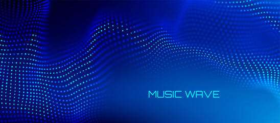 Music BG tech wave background with 3D sound data patterns and abstract audio lines. Digital equalizer ripple effects for conferences or webinar banners. Futuristic music designs with particle flows.