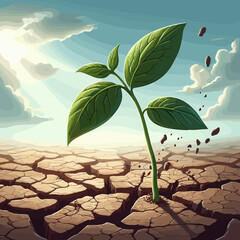 Resilient green plant emerging from cracked dry soil under a bright sky symbolizing hope and renewal