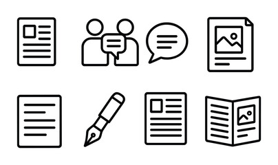 Content Creation Icons. Outline icon set of content creation for PR: article draft, interview notes, quote