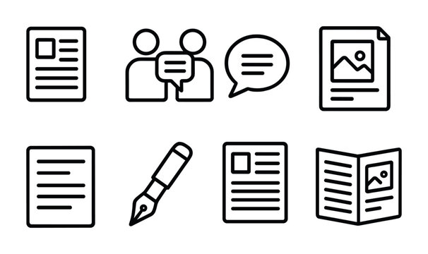 Content Creation Icons. Outline icon set of content creation for PR: article draft, interview notes, quote