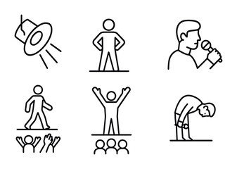 Musical Stage Icon Set. Outline icon set of musical stage presence: spotlight icon, confident pose, facial