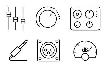Sound Engineering Icons. Outline icon set of sound engineering for performance: EQ slider, volume knob, reverb