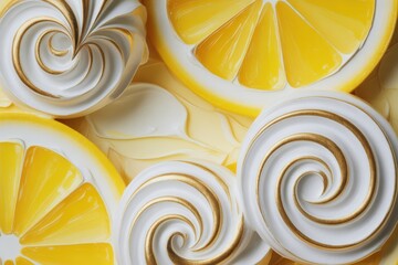 Swirling lemon meringue swirls and citrus slices close up macro shot