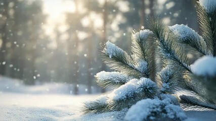 Snow falling on pine tree branches in winter forest at sunset - Powered by Adobe