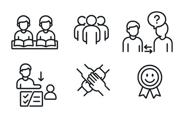 Cooperative Classroom Icons. Outline icon set of cooperative classroom: partner work, team icon, resource