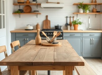 Chic Kitchen With Wooden Table and Seating - Modern Eatery Setting