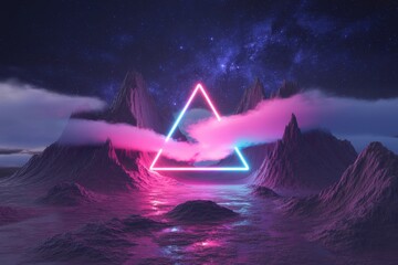 A neon triangle glows amidst a surreal landscape of mountains and a starry galaxy