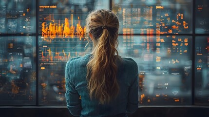 Businesswoman analyzing industrial growth chart in front of cityscape