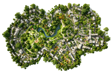 Urban green spaces design city park landscape architecture aerial view. Isolated on transparent background, png.