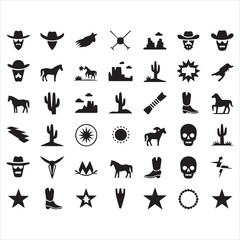 Vector set contains 45 black Western-themed icons, including cowboys, horses, desert landscapes, cacti,, skulls, boots, and stars.