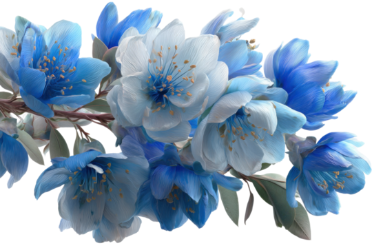Blue floral arrangement nature digital art bright bright colors. Isolated on transparent background, png. - Powered by Adobe