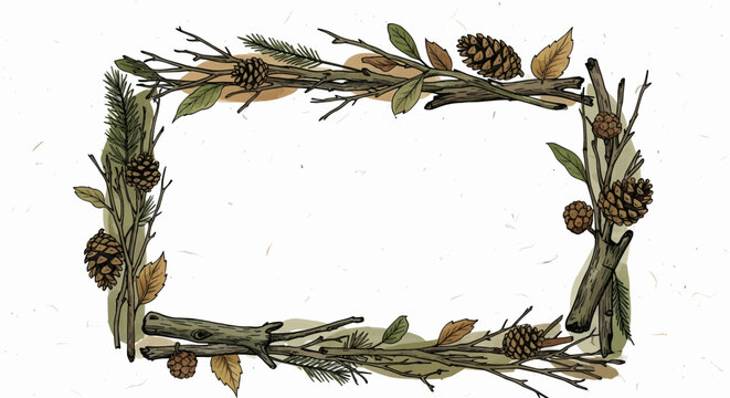A hand-drawn rectangular frame composed of rustic twigs, pinecones, and autumn leaves. An elegant woodland border illustration with a natural, earthy feel.
