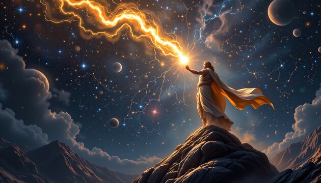 a greek god standing on an asteroid looking over the stars, zeus holding a glowing lightning bolt surrounded by constellations and space dust, divine cosmic power, cinematic angle, no text no logo