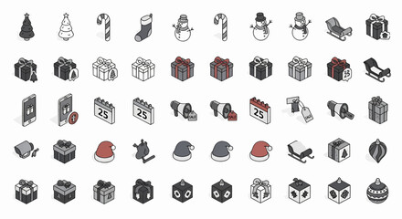 A comprehensive set of isometric Christmas icons featuring festive symbols like trees, gifts, and Santa hats. Modern vector illustrations for holiday design.