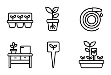 Tree Nursery Icons. Outline icon set of tree nursery icons: seed tray, root ball, shade net, water hose,