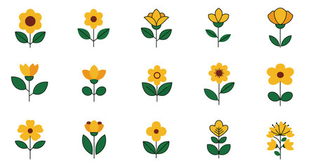 Bright and Simple Flat Yellow Flower Icons with Leafy Stems &ndash; Vector Floral Set Perfect for Nature and Gardening Projects
