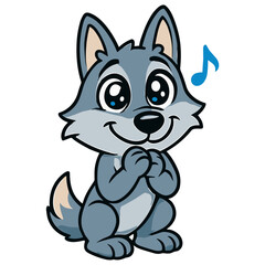 Cartoon wolf winks and waves with paw
