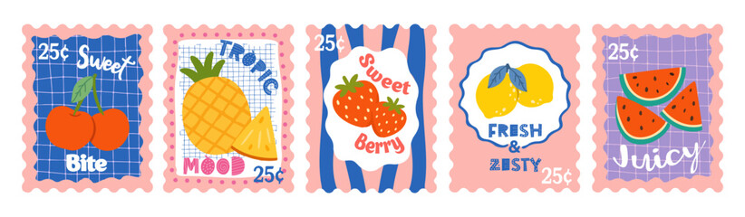 Set of hand drawn flat style summer fruit stamps- cherry, pineapple, strawberry, lemon, watermelon. Bright colors, retro vibe ideal for kids design, scrapbooking, packaging, poster, placard or print