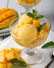 Savor the tropical delight of glossy mango sorbet in a glass dessert cup with fresh mango cubes and leaf accents perfect for a refreshing summer treat