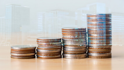 Stacked metallic coins rising in value against city buildings stacks silver