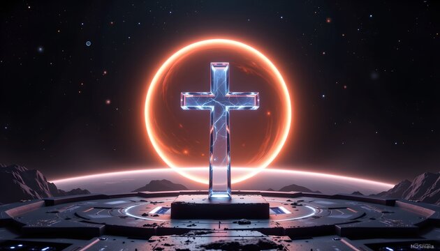 a transparent glass cross standing on a space platform facing a glowing exoplanet, surrounded by stars, symbolic of faith in the universe, ultra realistic lighting, no text no watermark