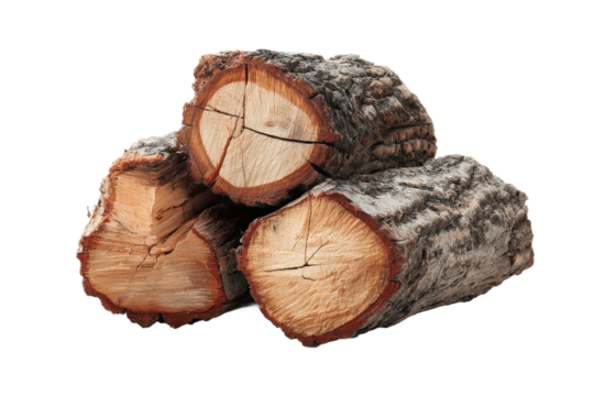 Cut logs stacked neatly forest wood material natural setting. Isolated on transparent background, png.