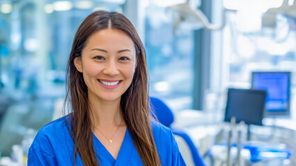 Fototapeta premium Asian woman in blue scrubs smiles confidently in a modern dental clinic, showcasing a clean and professional environment with dental equipment in the background