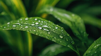 Dewy Green Leaves Glistening After Rainfall in Nature's Embrace