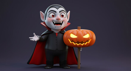 Cute Cartoon Vampire Character with Glowing Pumpkin Illustration Happy Halloween Season Fun and Spooky Decoration