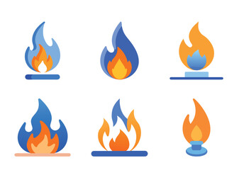 6 set icon Collection of stylized fire flames in shades of orange and blue color