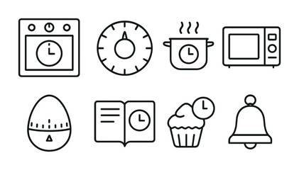 Cooking Timer Icons. Outline icon set of cooking timers: oven timer, kitchen timer dial, boiling countdown,