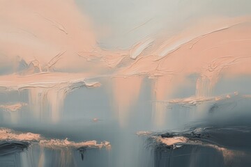 Abstract impressionistic landscape painting with soft hues of peach and gray