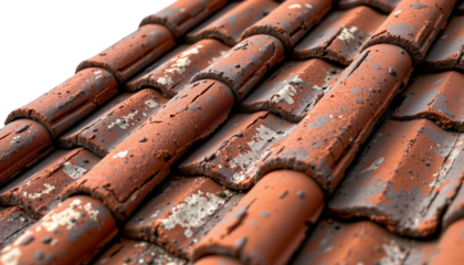 angled view of antique clay roof tiles showing natural variation and weathering, high resolution image with white background and no distractions